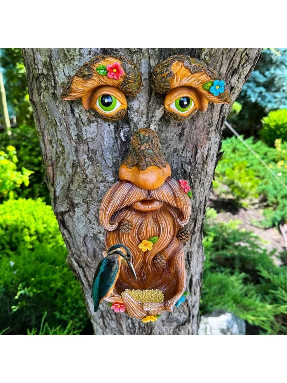 Whimsical Tree Face Decor with Flowers - Outdoor Garden Hugger Statue Art